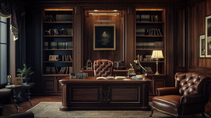Luxurious Wooden Study Room with Leather Furniture