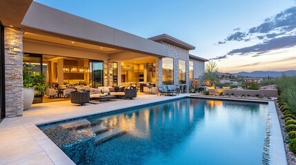 Fototapeta premium Luxury modern home exterior with a sleek pool, chic patio furniture, and open glass walls blending the stylish interior with the tranquil outdoor space. 