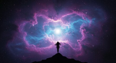 Silhouette Woman on Mountain Peak Cosmic Nebula Background Starry Night Sky Spiritual Scene