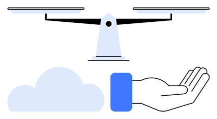 Balancing scale hovering above open hand with a cloud in the foreground, symbolizing fairness, decisions, technological balance, justice, digital solutions, innovation, and equality. Ideal