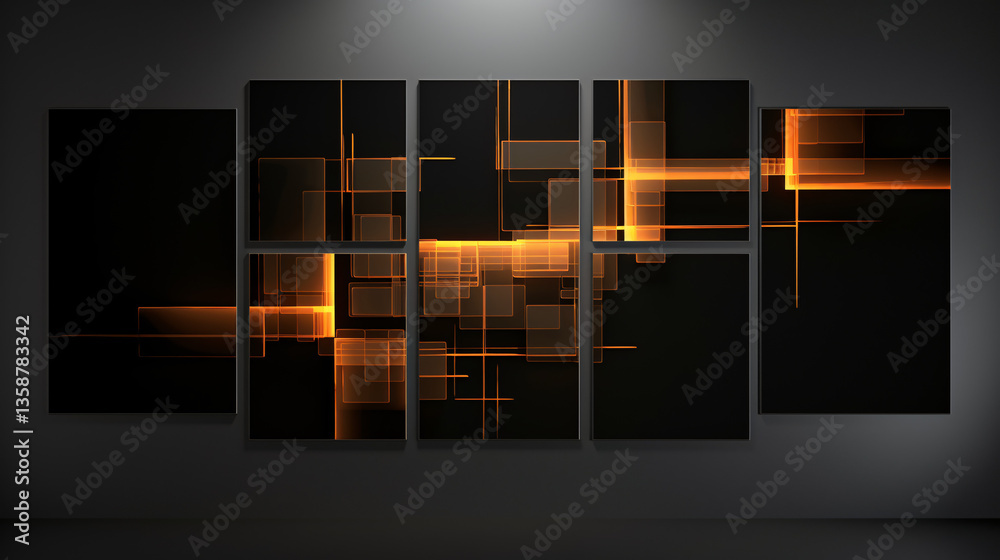 Fototapete An image of four abstract square screens overlapping each other, set against a technology background.

