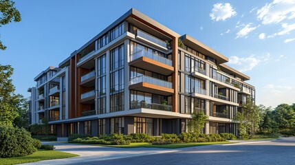 Fototapeta premium Luxury residential apartment exterior fragment flat design with mixed materials, clean balconies, and expansive glass panels glowing under blue skies. 