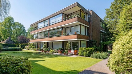 Mid-century German apartment block with clean architectural symmetry, large windows, and manicured communal gardens calm suburban feel. 