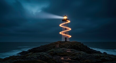Obraz premium Dramatic Night Seascape with Illuminated Lighthouse Beam Spiraling Upwards
