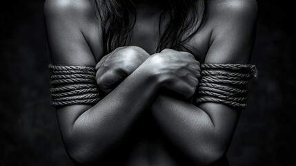 woman's wrist bound by a sleek, minimalist band, symbolizing submission and restriction. Set against a vast empty space with a blank caption area, evoking infinite potential and chaos
