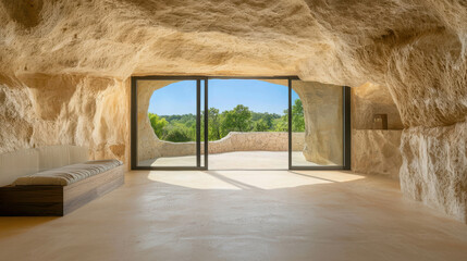 Obraz premium Unique cave interior design featuring large windows and natural stone textures, inviting atmosphere