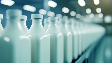 Quality control in milk packaging bottles on production line in modern dairy facility