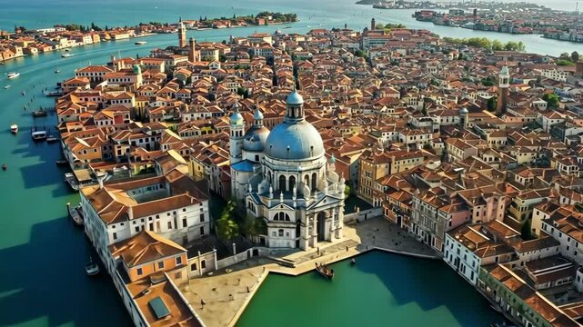 Aerial view of venice italy showcasing santa maria della salute and canal grande cityscape scene