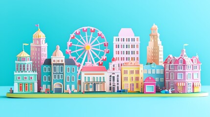 Obraz premium Colorful paper city skyline with ferris wheel.