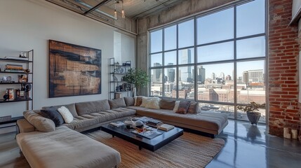 Fototapeta premium Minimalist industrial loft living room sleek metal shelving a cozy sectional sofa and large windows with urban views natural lighting filling the space. 