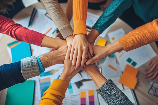 A business team unites with their hands together on top of each other showing a teamwork concept