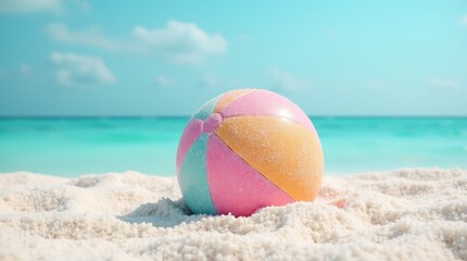 Obraz premium Pink, orange, and blue beach ball on white sand near turquoise ocean under blue sky. Summer vacation and leisure concept