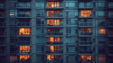 Modern apartment building with sleek glass balconies, clean architectural lines, and warm evening lights glowing from windows. 