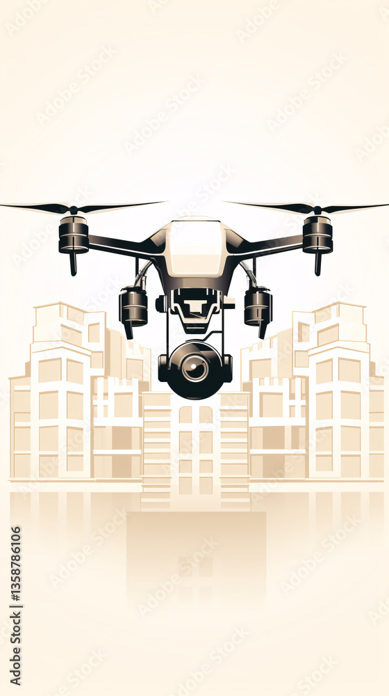 Poster a minimalist 2d logo of a building with a minimalist drone illustration in a flat design.