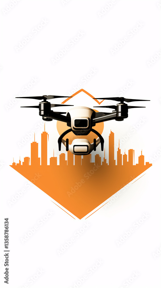 Poster a minimalist 2d logo of a building with a minimalist drone illustration in a flat design.