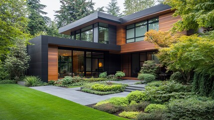 Modern cubic home with contrasting wood and black materials surrounded by a well-manicured yard featuring trees and minimalist shrubs serene atmosphere. 