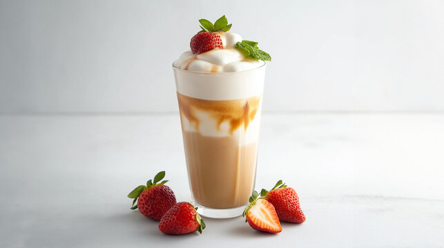 Strawberry iced latte with whipped cream and mint