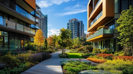 Modern eco-friendly residential buildings featuring large glass panels, solar shading devices, and vibrant landscaping promoting sustainability.  