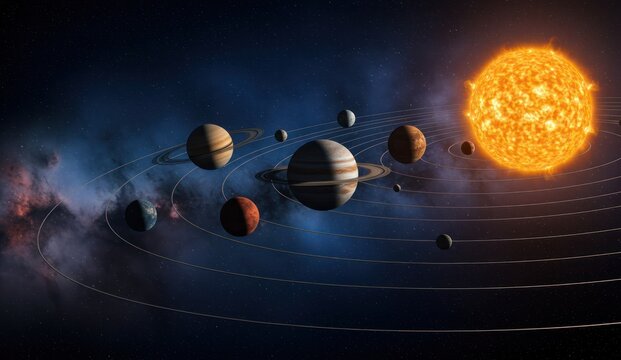 Planets orbiting the sun in deep space with stars and constellations,