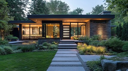 Modern house entrance featuring a sleek glass door minimalist landscaping and subtle pathway lighting leading to the door. 
