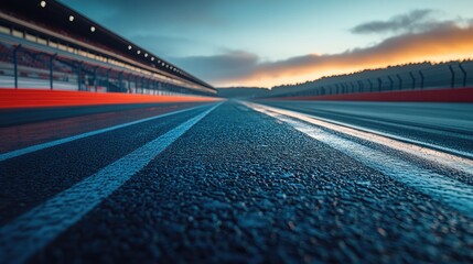 Obraz premium Race track with empty grandstands, overlooking a professional setting, featuring smooth asphalt extending toward the horizon and ample open space for text.