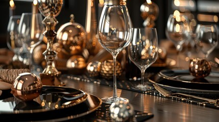 Fototapeta premium Festive table setting with wine glasses and golden decorations. 