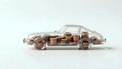 Clear Vision of Wealth: Car Model Filled with Coins Symbolizing Financial Growth