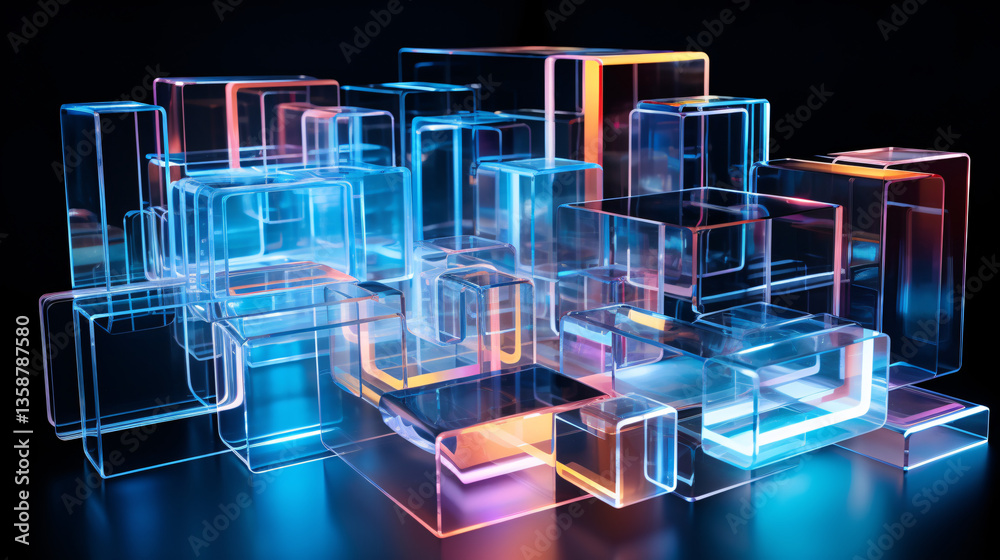 Aufkleber On a black background, several rectangular blue shapes form a futuristic technology display architecture concept.

