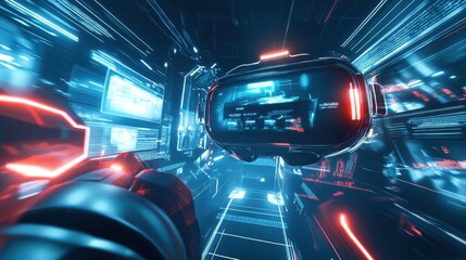 Futuristic Virtual Reality Game Scene: Neon Lights and Dynamic Action