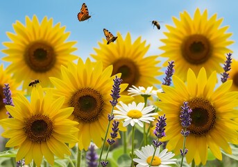Sunflowers with Bees and Butterflies on a Sunny Summer Day