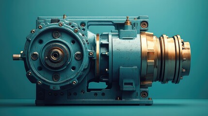 Showcase a high-speed compact gear motor set against a soft blue background, highlighting its efficiency and design.