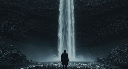Obraz premium Solitary Figure Contemplating Majestic Waterfall in Dramatic Landscape