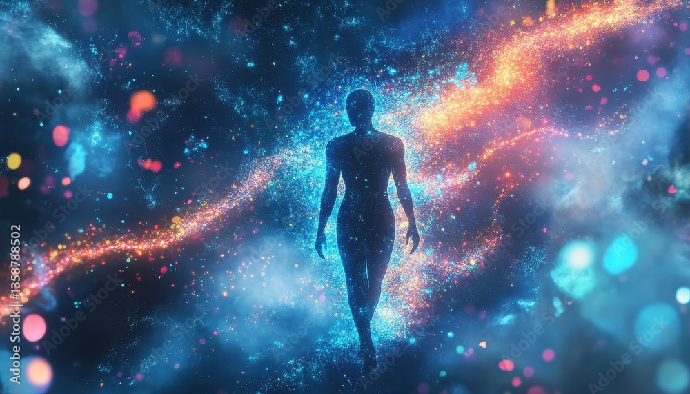 Poster human figure transforming into glowing particles in a cosmic setting