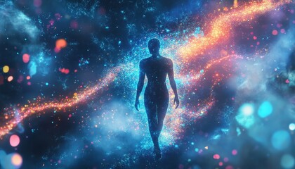 Naklejka premium Human Figure Transforming into Glowing Particles in a Cosmic Setting
