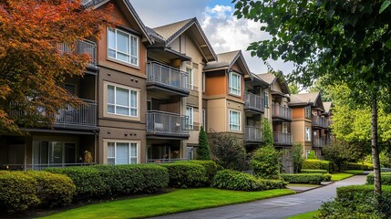 Multi-story apartment complex in a quiet American suburb vibrant landscaping, spacious balconies, and a communal garden setting. 