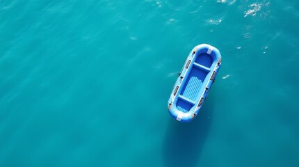 Fototapeta premium Blue inflatable raft floating on turquoise water, top view. Aerial shot of empty boat drifting on calm sea surface with sunlight reflections with copy space