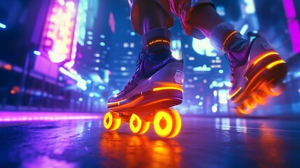 Vibrant Night Roller Skating in Neon City with Luminous Wheels