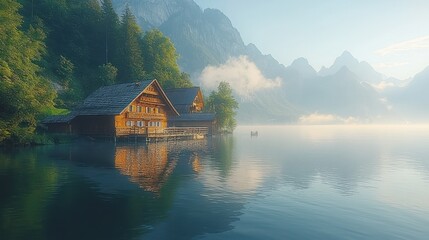 Fototapeta premium Misty Mountain Lakeside Homes