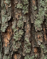 Obraz premium A close-up view of a textured tree trunk, showcasing vibrant green moss clinging to its rough surface. Sunlight filters through leaves above, casting soft shadows.