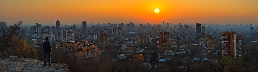 Obraz premium A man observes a city skyline at the fiery sunset during dusk