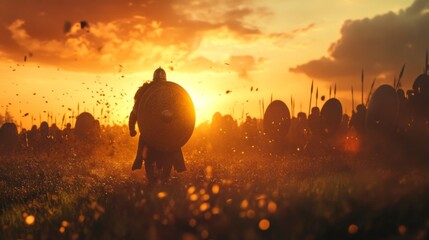 Obraz premium Art Warrior View Legion Through Sunrise Advancing Shields