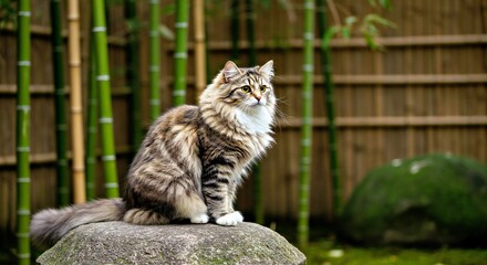 Obraz premium Create a Portrait of a Longhair Japanese Bobtail Perched on a Traditional Japanese Garden Stone, Surrounded by Bamboo_