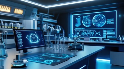 Futuristic Lab Desk with Tech Displays