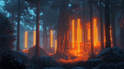 Obraz premium Enchanted Forest with Glowing Vertical Lights at Dusk