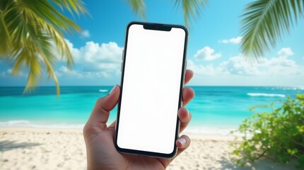 Hand holding smartphone with blank white screen on tropical beach. Mockup for mobile app, website, or digital content presentation