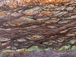 Aerial photograph of the river streams from rivers on dried up dam Liptovska Mara. Liptovsky Mikulas landspace, Slovakia