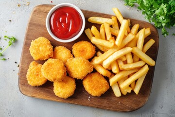 Crispy chicken nuggets and french fries