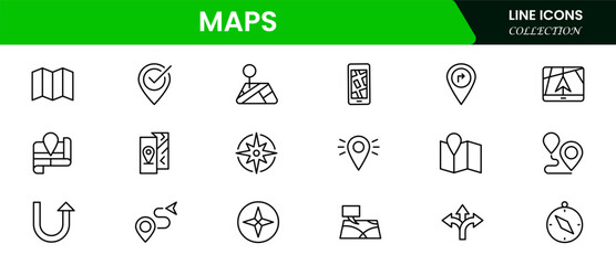 Map icon set. Containing location, GPS, navigation, city map, atlas, route, direction, pin and more. Vector collection.