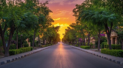 Obraz premium A street with trees towards bright sunset. Ideal for conveying peaceful neighborhood vibes.