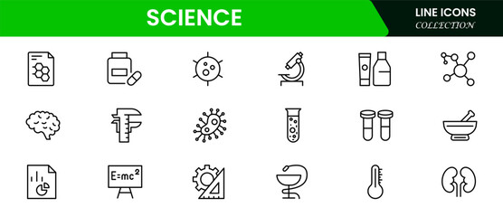 Science flat icons set. Laboratory, scientific, physics, biology, laboratory, research icons and more signs. Flat icon collection.